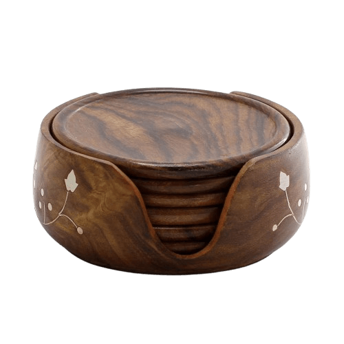 WOOD COASTER ROUND SHAPE WITH STAND (NATURAL)